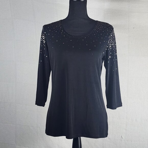 Susan Graver Black Liquid Knit Scoop Neck Foil Metallic 3/4 Sleeve Top Size XXS - Picture 1 of 16